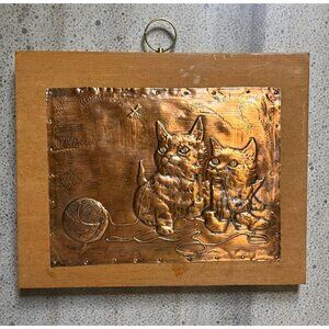 Vintage Copper Embossed Cat Artwork On Wood With Hanging Ring